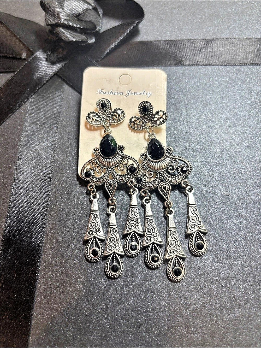 Black & Silver Chandelier Earrings NWT